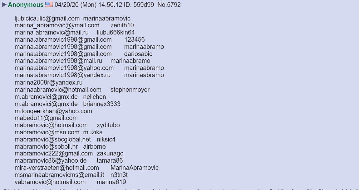 So Abramovic is in the news again, this time for the pulled Microsoft ad featuring her. A few days later she allegedly had her email addresses leaked to 4chan; I tried logging into these ~10 minutes after they were posted, no dice. Perhaps a distraction from the Wuhan leak?