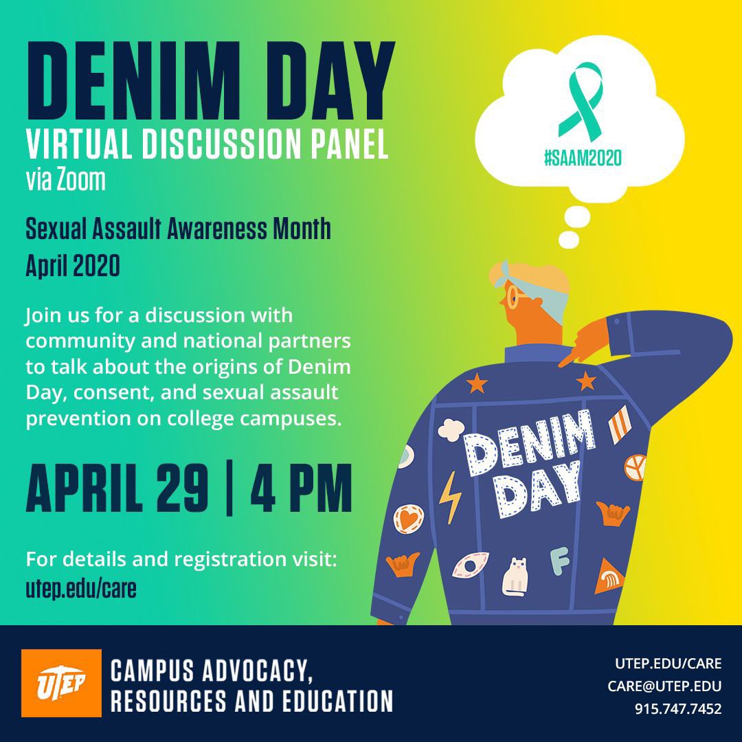 utepgetinvolved's tweet photo. Donβt miss out! Join us fo a virtual discussion via Zoom to talk about the origins of Denim Day, consent and sexual assault prevention on college campuses. π #UTEPEvents #SAAM2020
Visit https://t.co/6oKumGkaDg for more information. https://t.co/XlNMST6uF4