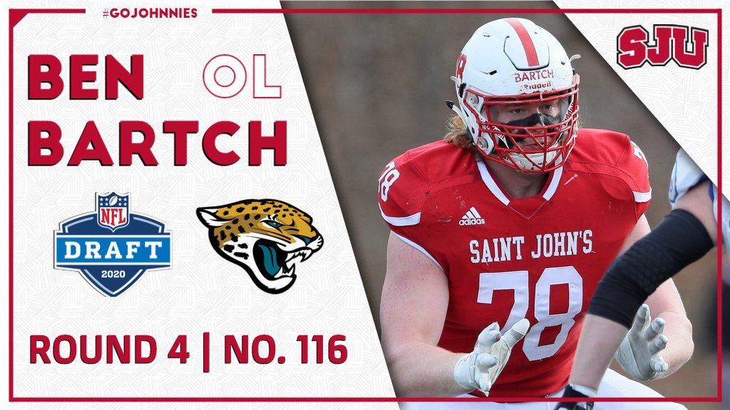 SJUAlumni's tweet photo. What a day for Johnnies - Ben Bartch ‘20 is drafted to the @Jaguars in the @NFL! Hundreds of thousands of impressions on our alumni twitter feed. Largest month of traffic ever. Largest single day ever. The community rallied around Ben! #JohnnieNetwork #WeAreJohnnies @benbartch https://t.co/O4f8lglhmB