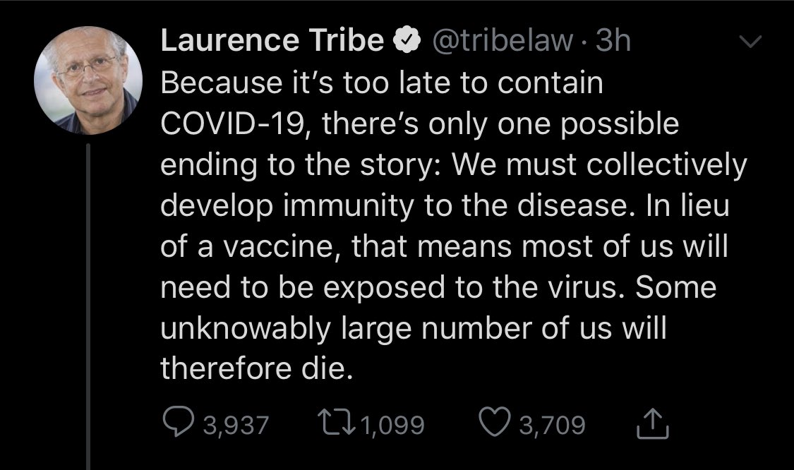 So, first off, this is a real tweet from  @tribelaw. Multiple reputable media sources have confirmed this tweet is real. And also, it is idiotic.It goes to show that it is not just the right-wing spreading misinformation about this pandemic.