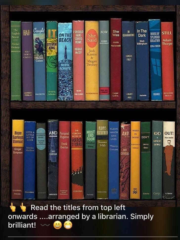 Deb_Matthews's tweet photo. Take a minute. Read each book title out loud, starting at the upper left. It took a librarian to do this! https://t.co/iy9IN1sw7c