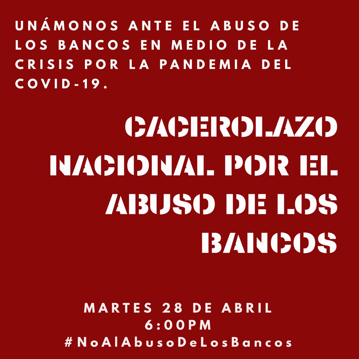 AABenedetti's tweet photo. No soy experto en cacelorazos pero sé que el abuso de los bancos en esta crisis amerita uno. Por eso los invito a TODOS para que este martes 28 de abril, a las 6pm, nos unamos desde nuestras casas a un cacelorazo para protestar por todos los abusos sufridos.
#NoAlAbusoDeLosBancos https://t.co/htLprVsByV
