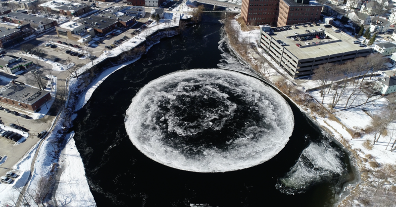 like look at these ice discs, another rare ice phenomenon. huge ice discs in rivers, spinning slowly. what the fuck? scientists still aren't sure how they work. does the force of a current against a riverbank shear the ice into a circle? does its own meltwater make it spin?