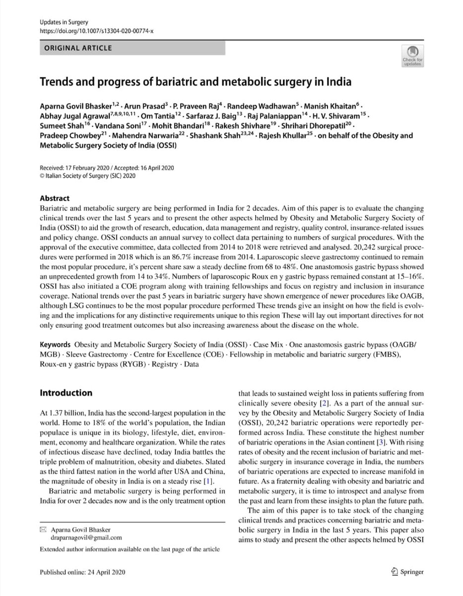 aparnabhasker's tweet photo. Proud to share our latest #publication in #UpdatesInSurgery - #Trends in #BariatricSurgery in #India from 2014 to 2018
Full text is available on the following link:
https://t.co/wvyKDkJAjc https://t.co/4G6pn4ocsW