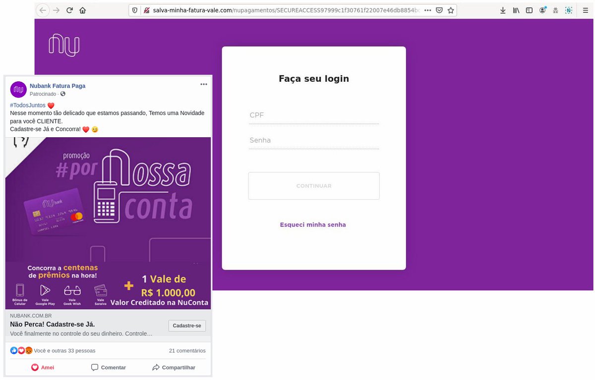 Usuários Nubank devem ficar atentos com as diversas páginas de phishing disseminadas no Facebook, esta oferece vale de R$ 1.000,00 creditado na fatura! Encontrou alguma página suspeita de qualquer instituição? Envie para defesadigital@yahoo.com.br ! #phishing 🤥🎣💸💳 <a href="/nubank/">Nubank</a>