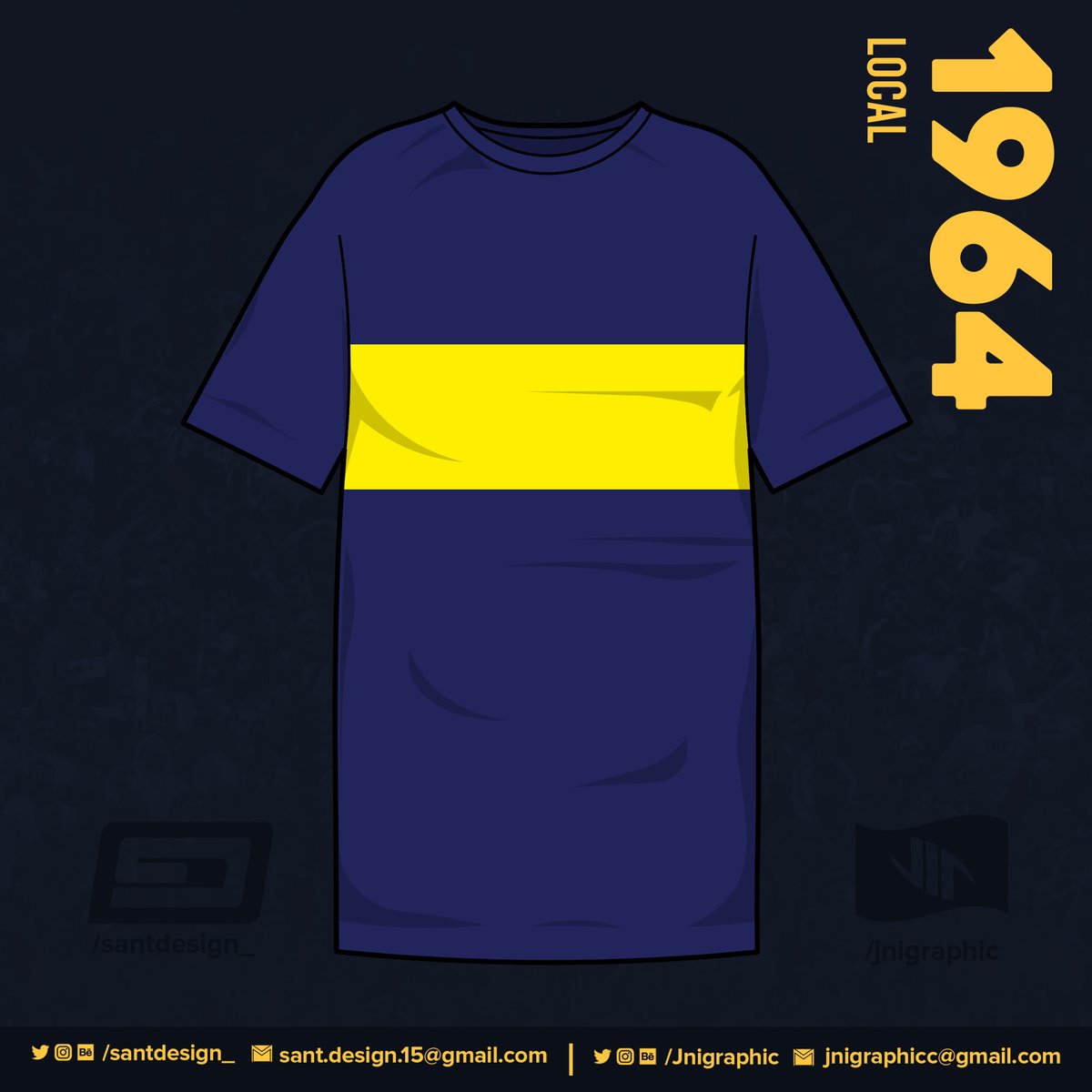 En 1964 se instalan estas tres variables del tradicional modelo de la camiseta de Boca; su uso varía sin patrón alguno, y son con estas casacas que Boca gana los títulos de 1964, 1965, los Nacionales de 1969, 1970 y 1976, el Metropolitano 1976 y la Copa Argentina 1969.