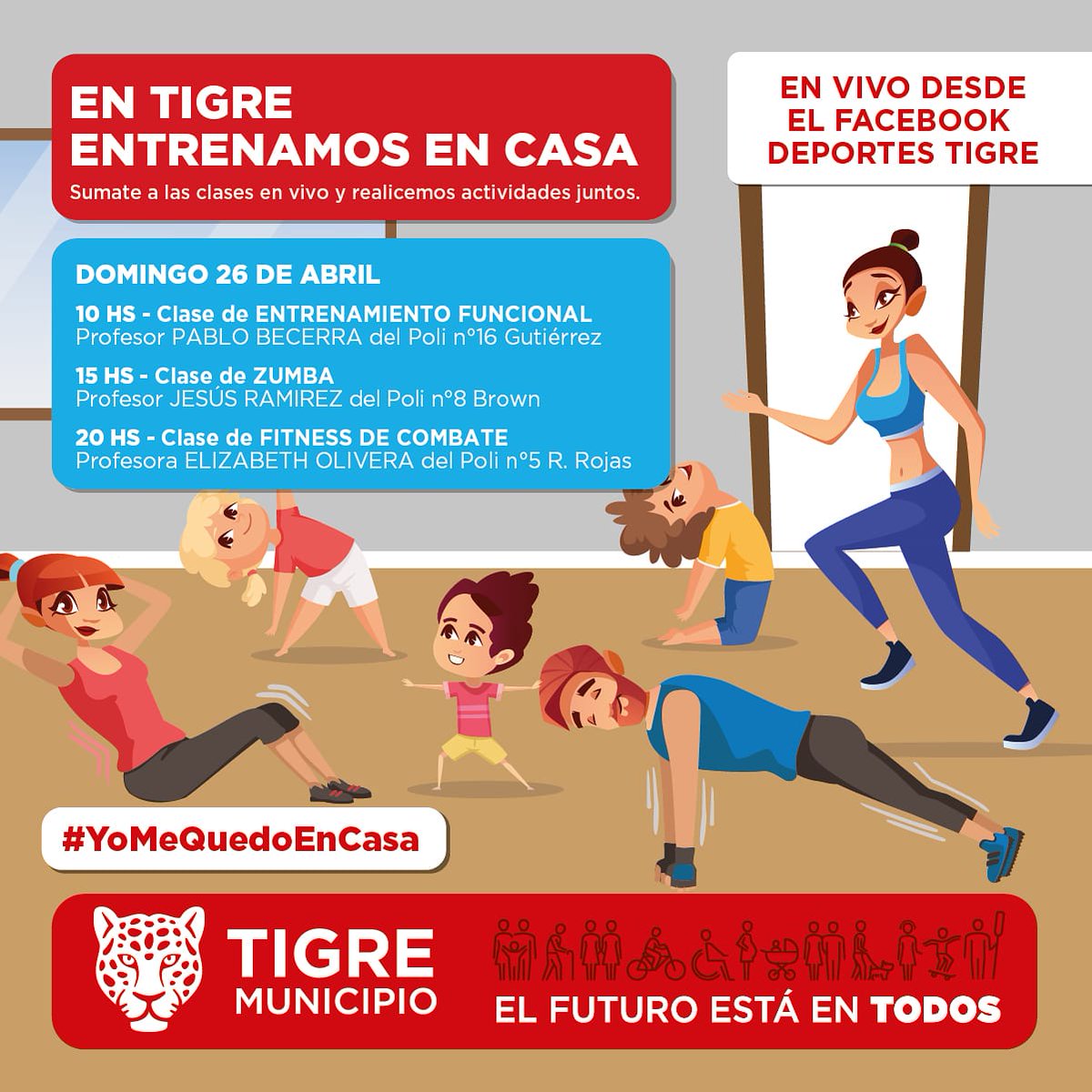 EN TIGRE ENTRENAMOS EN CASA
No te quedes sin tomar las clases en vivo dictadas por los profesores de todos los Polideportivos
Vamos a cuidarnos entre todos quedándonos en casa y continuando con los entrenamientos
#QuedateEnCasa 
#ElFuturoEstáEnTodos 
<a href="/MunicipioTigre/">Municipio de Tigre</a> <a href="/ZamoraJulio/">Julio Zamora</a>