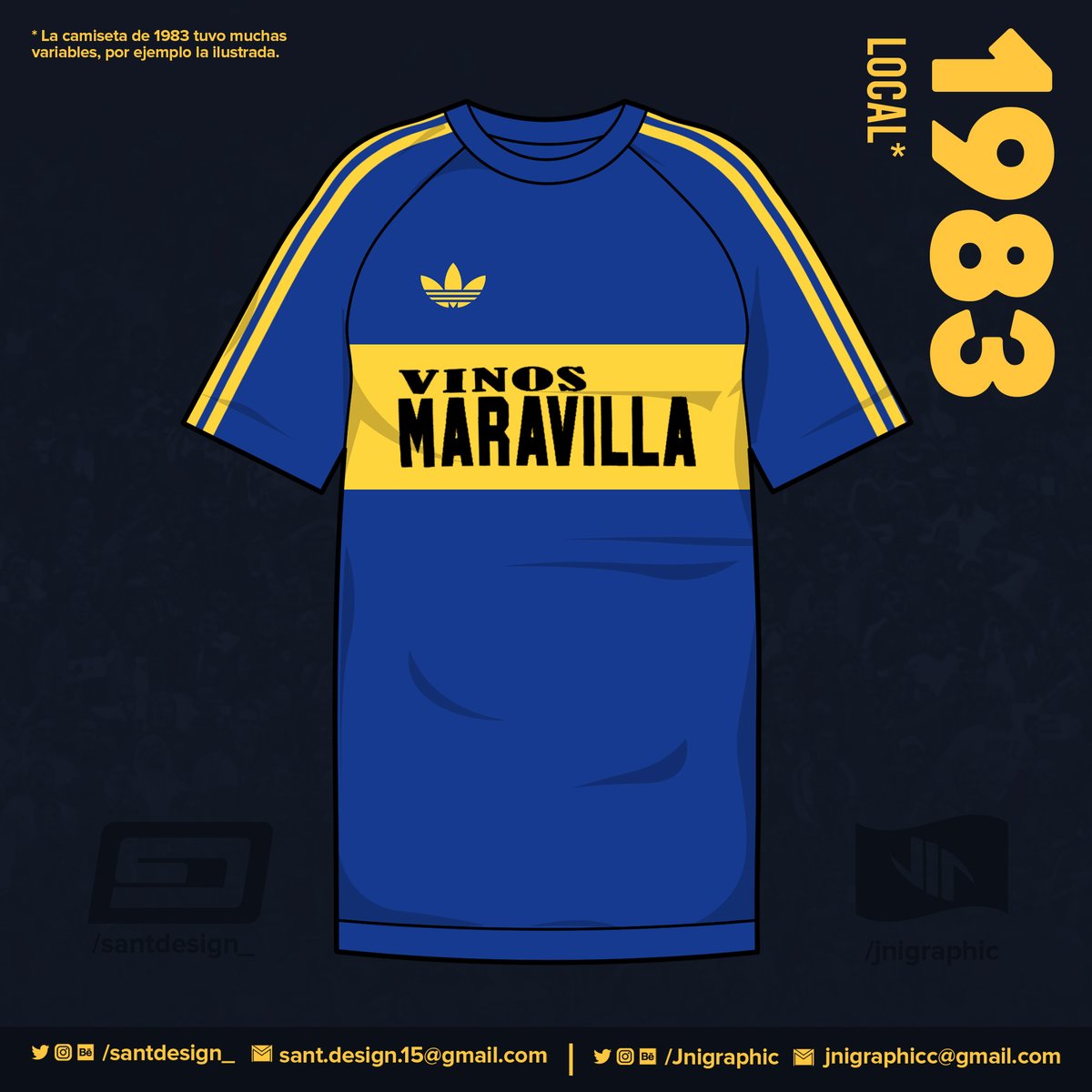 1983: Primer año en que Boca luce sponsor. Este modelo tuvo muchas variaciones, como el cuello, la ausencia del escudo, el tamaño del sponsor, o la aparición de un segundo sponsor, "TV COLOR", camuflado bajo la franja amarilla.