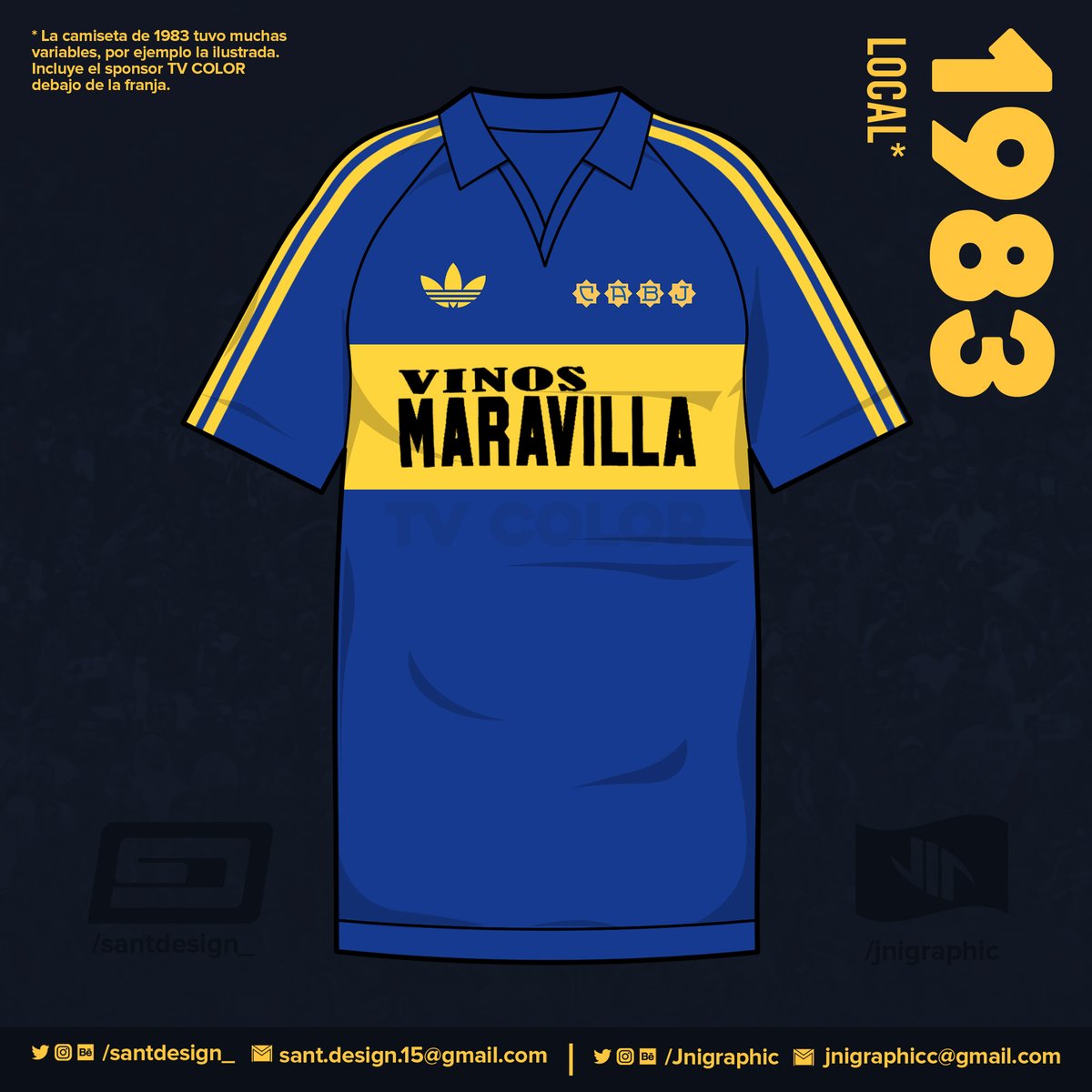1983: Primer año en que Boca luce sponsor. Este modelo tuvo muchas variaciones, como el cuello, la ausencia del escudo, el tamaño del sponsor, o la aparición de un segundo sponsor, "TV COLOR", camuflado bajo la franja amarilla.