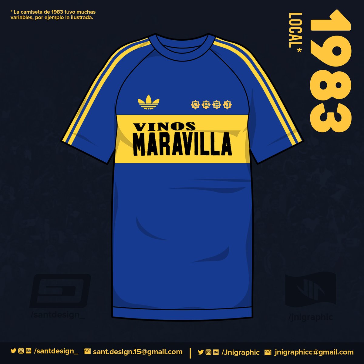 1983: Primer año en que Boca luce sponsor. Este modelo tuvo muchas variaciones, como el cuello, la ausencia del escudo, el tamaño del sponsor, o la aparición de un segundo sponsor, "TV COLOR", camuflado bajo la franja amarilla.