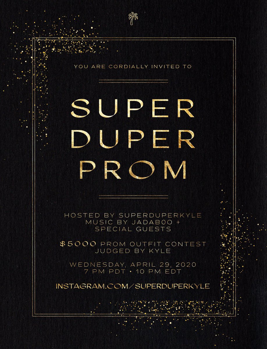 SuperDuperKyle's tweet photo. You are cordially invited to the Super Duper Prom🤵🏽 April 29 (SuperDuperKyle Day) we're giving you the prom you deserve so find a date!
Hosted by yours truly on IG Live music by @Jadab0o and cash prizes for best dressed https://t.co/Pphsg8Rdzj
