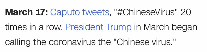 If “very fine people” and calling  #Covid_19 the  #ChineseVirus didn’t convince you of  #Trump’s allegiances, maybe these  #Antisemitic and racist tweets from his DOH spokesman/2016 advisor  @MichaelRCaputo will.(He also said Dems want people to die.) #IAmNotAVirus  #RacismIsAVirus