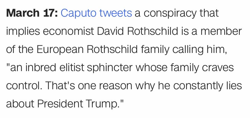 If “very fine people” and calling  #Covid_19 the  #ChineseVirus didn’t convince you of  #Trump’s allegiances, maybe these  #Antisemitic and racist tweets from his DOH spokesman/2016 advisor  @MichaelRCaputo will.(He also said Dems want people to die.) #IAmNotAVirus  #RacismIsAVirus