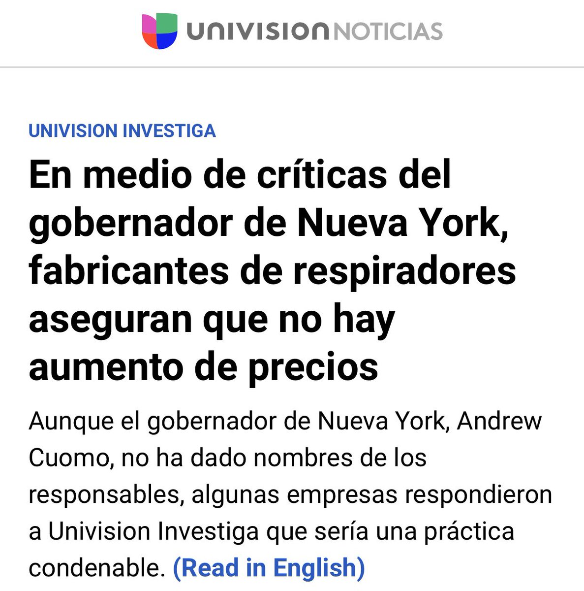 Univision desmiente al gobernador de New York y asegura que no existe especulación en los precios de los ventiladores. Si es así, entonces el argumento del Viceministro Juan Carlos Muñoz no es válido y deja al descubierto el juega vivo que pretendían hacer estos señores.