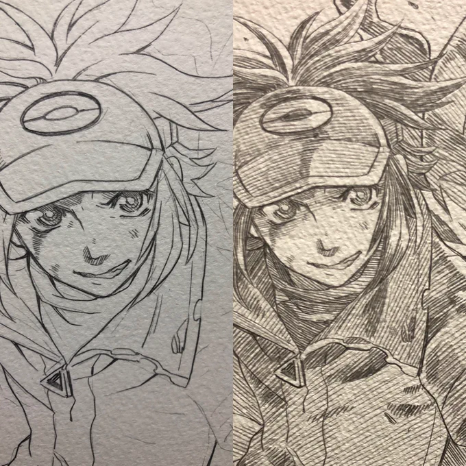 よく見ると消し残しや鉛筆の擦れがたくさん残ってるんだけど今回は戦闘中かつダメージ受けてる感じにしたかったのであえて消さずに残した!
デジタルじゃ汚くて絶対消したくなるんだけど鉛筆画だと味になってくれるから最高なところ( ु ›ω‹ ) ु 