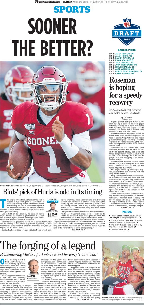 Tshanerbeer's tweet image. SOONER THE BETTER?
@PhillyInquirer Sports April 26:
@Jeff_McLane on #Eagles odd pick of Jalen Hurts; @LesBowen on #Eagles draft; @bobfordsports on the Jordan days. @APSE_sportmedia @PrideInPrint 
Headline: @NickCristiano