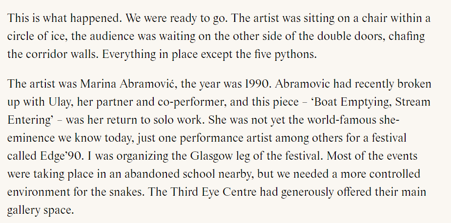 While the Greek allusion to Python (sacred to Delphic oracles..) is interesting, this is also clearly a reference to Abramovic's 1990 work "Boat Emptying, Stream Entering" performed at the Third Eye Center