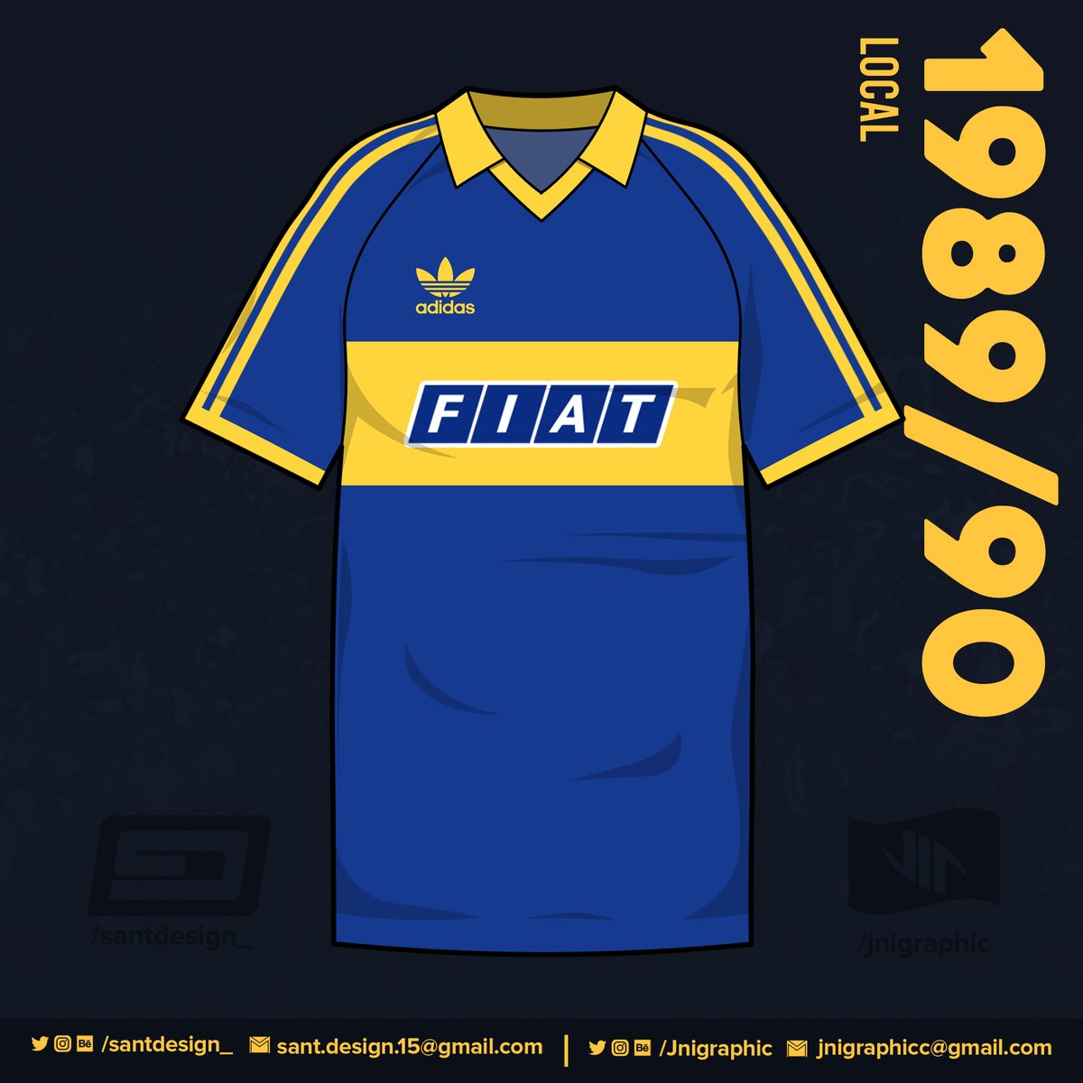 1989: Boca cambia de sponsor, ahora le toca a Fiat. Es con esta camiseta que Boca gana la Supercopa Sudamericana de ese año.
