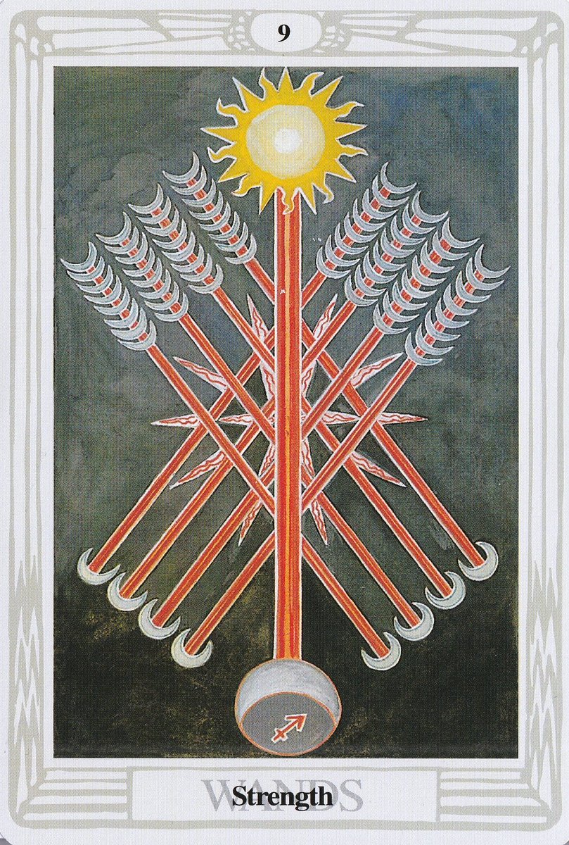 Now, continuing with the theme of 9s, moon goddesses, and Delphic mysteries, let's look at the Tarot. 9 obviously corresponds with the 9s, and if we look at the 9 of wands it's hard not to notice moon imagery (as well as Arrows, sacred to Diana)
