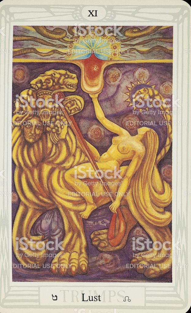 Even more curiously, the 9 of wands is Strength. Now in most tarot decks Strength is in the Major Arcana, not Minor. In the Thoth tarot Crowley switched Strength out for Lust, which portrays Babalon, the Godess of Scarlet Women (and much more)