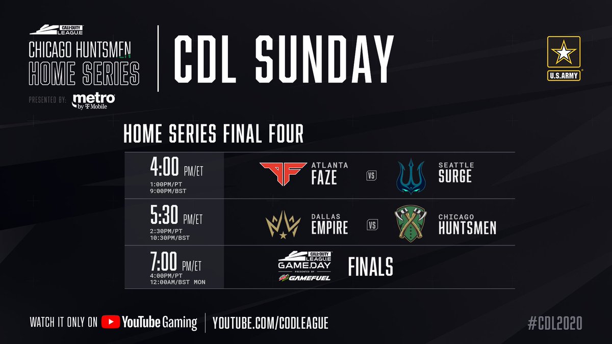 CODLeague's tweet photo. The final four face off at the Chicago Home Series: We’ll see you on CDL Sunday!

Set your reminders!🔔https://t.co/WqUvFA3MGN
 
#CDL2020 https://t.co/womdoafRvU