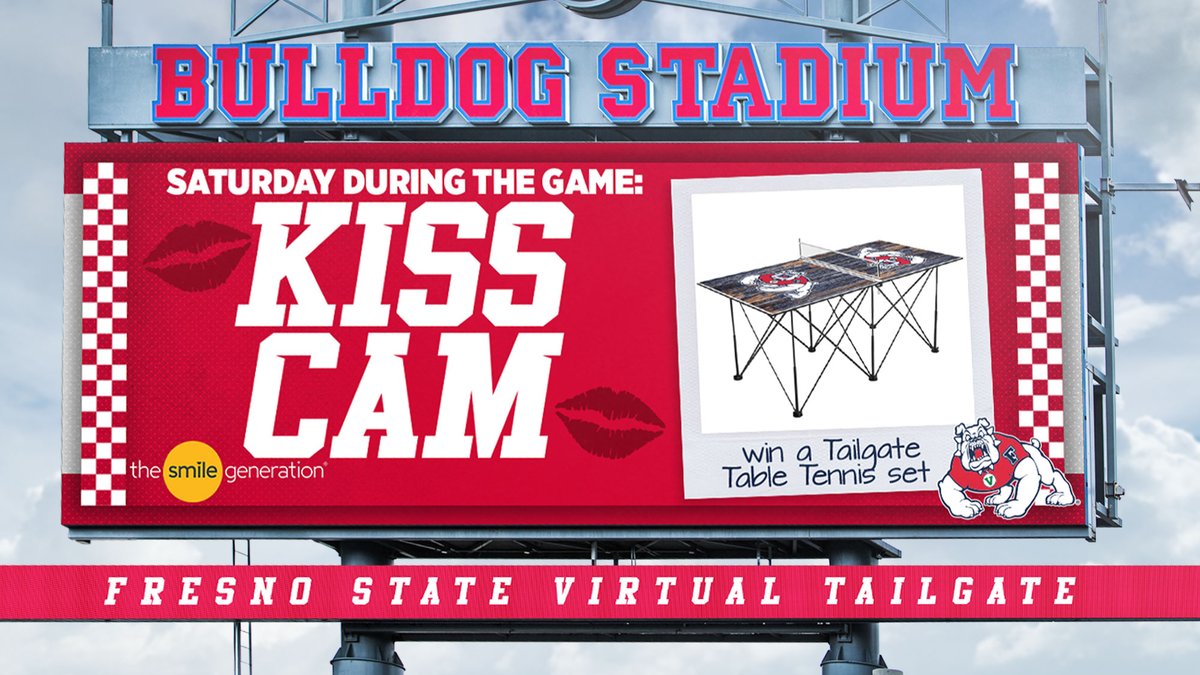 FSAthletics's tweet photo. It's time for Kiss Cam! Tag us in your Instagram story and show us your best Kiss Cam (Keep it PG folks)! One fan will win a Table Tennis set! Thank you @smilegen for all the support! #DogsVirtualTailgate https://t.co/NVF1OIGmul