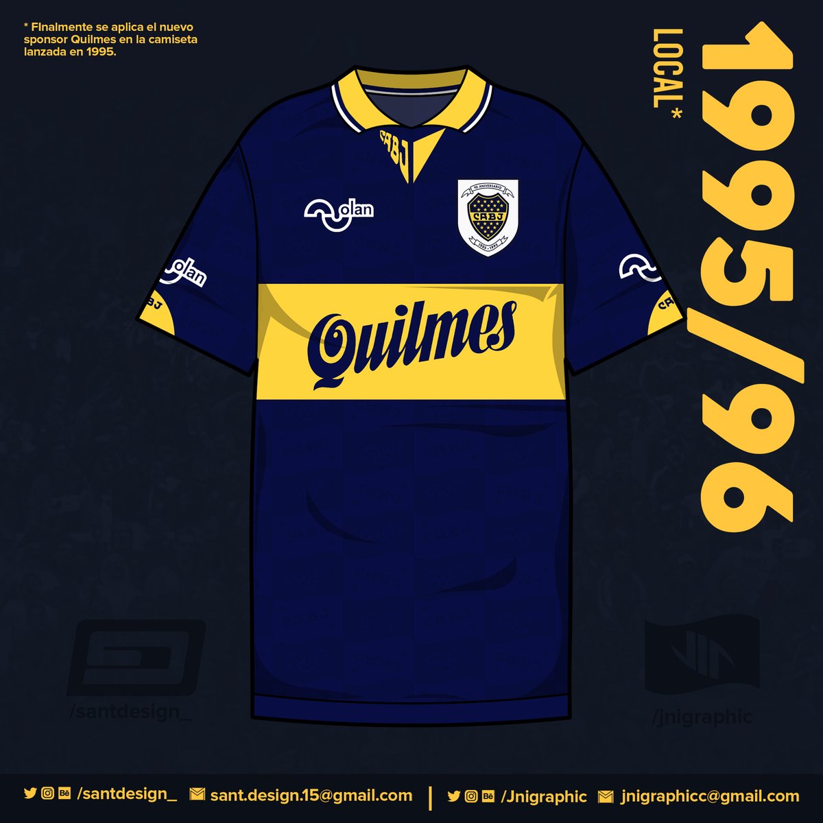 1996: Cuando finalmente pueden utilizar el logo de Quilmes en la camiseta de los 90 años, Topper absorbió a Olan como marca y debe aplicar su logo en la camiseta.