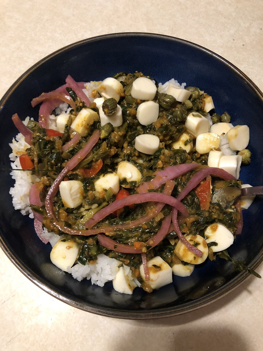 It tasted like a version of “saag paneer” and so I used cut up string cheese as a substitute for the homemade cheese. Don’t @ me.Topped it with some capers for luck. 