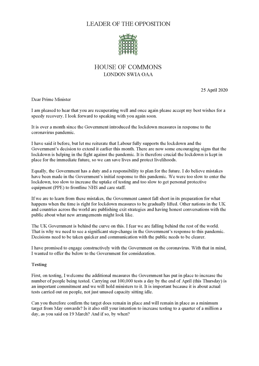 Keir_Starmer's tweet photo. The public have made great sacrifices to make lockdown work. They deserve to be part of an adult conversation about what comes next. 

We are engaging constructively to protect our country and, to that end, I offer a series of considerations for the Prime Minister in my letter. https://t.co/n8ubsUGT8M