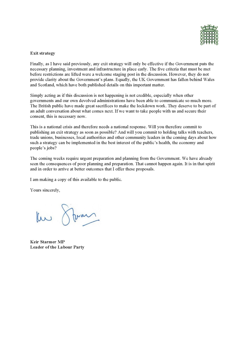 Keir_Starmer's tweet photo. The public have made great sacrifices to make lockdown work. They deserve to be part of an adult conversation about what comes next. 

We are engaging constructively to protect our country and, to that end, I offer a series of considerations for the Prime Minister in my letter. https://t.co/n8ubsUGT8M