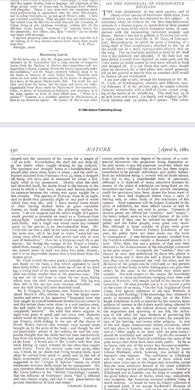 Dr Adam Rutherford on X: Darwin's last published work, in @nature 6th  April 1882, concerned the work of Walter Drawbridge Crick, Francis'  grandfather, on how a cockle hitchhiked on the leg of