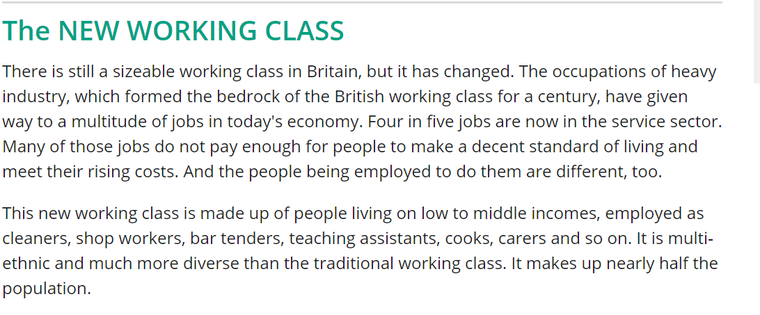 There is a useful bluffer's guide to the Claire Ainsley book 'The new working class' in her short Autumn 2018 article for IPPR's Progressive Review, summarising its overall themes and the potential policy and political implications. https://onlinelibrary.wiley.com/doi/full/10.1111/newe.12098