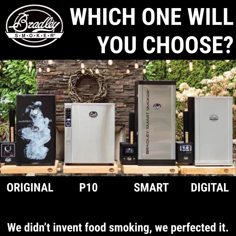 Which one will you choose? The Original, Professional P10, SMART Smoker or The Digital? All of our smokers use our  highly innovative CLEANSMOKE™  TECHNOLOGY and range of BISQUETTES® 
We didn't invent food smoking, we perfected it.
#bradleysmoker #bradleysmokereurope