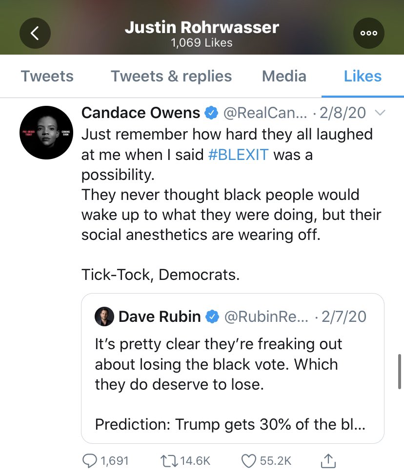 Justin Rohrwasser has liked Candace Owens’ tweets including this one saying  #BLEXIT is helping “Black people” to “wake up.”  #NFLDraft  
