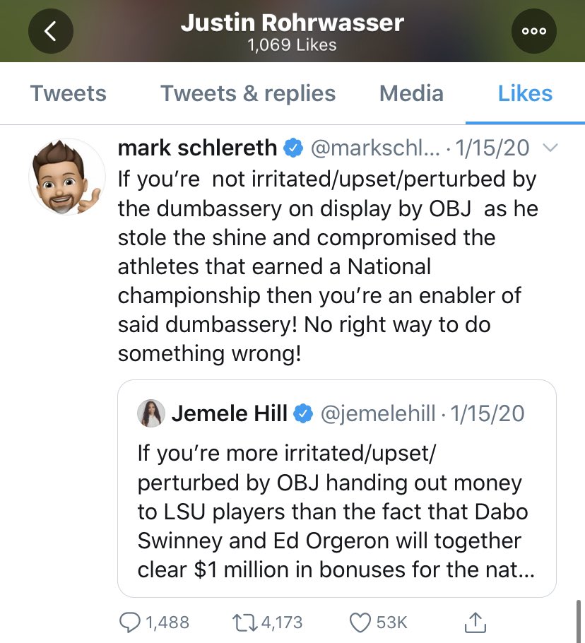 Justin Rohrwasser liked a tweet saying Jemele Hill is an enabler of OBJ’s “dumbassery” because she was not appropriately “irritated/upset/perturbed” by his actions after the LSU championship game.  #NFLDraft  