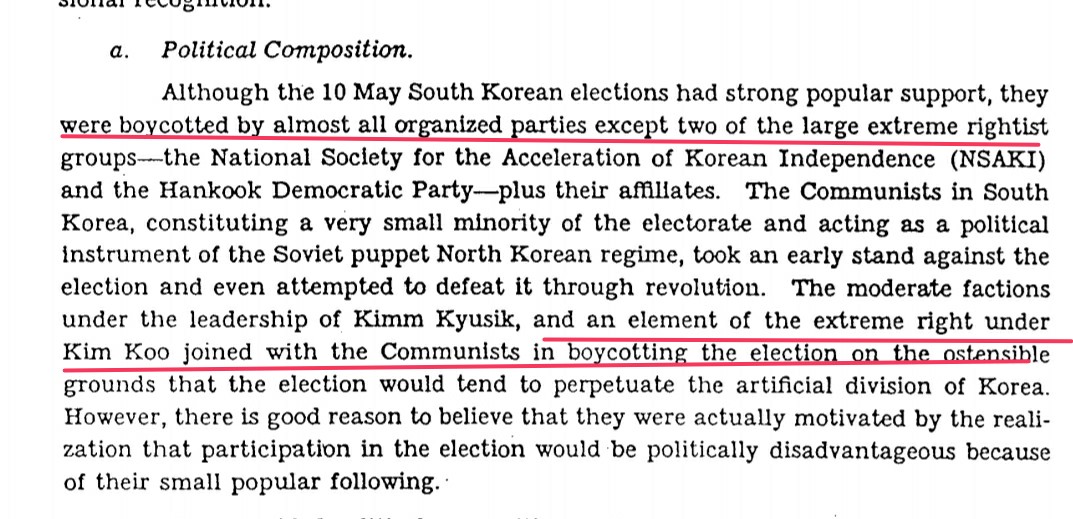 The election in South Korea was boycotted by every non-fascist party including a pretty right-winged party.Source: CIA