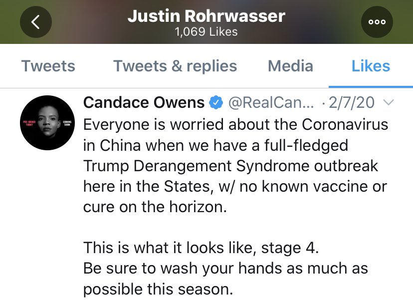 Justine Rohrwasser has liked Tweets downplaying the  #coronavirus. 20,000+ people in the United States have now died due to  #COVID19  #NFLDraft  