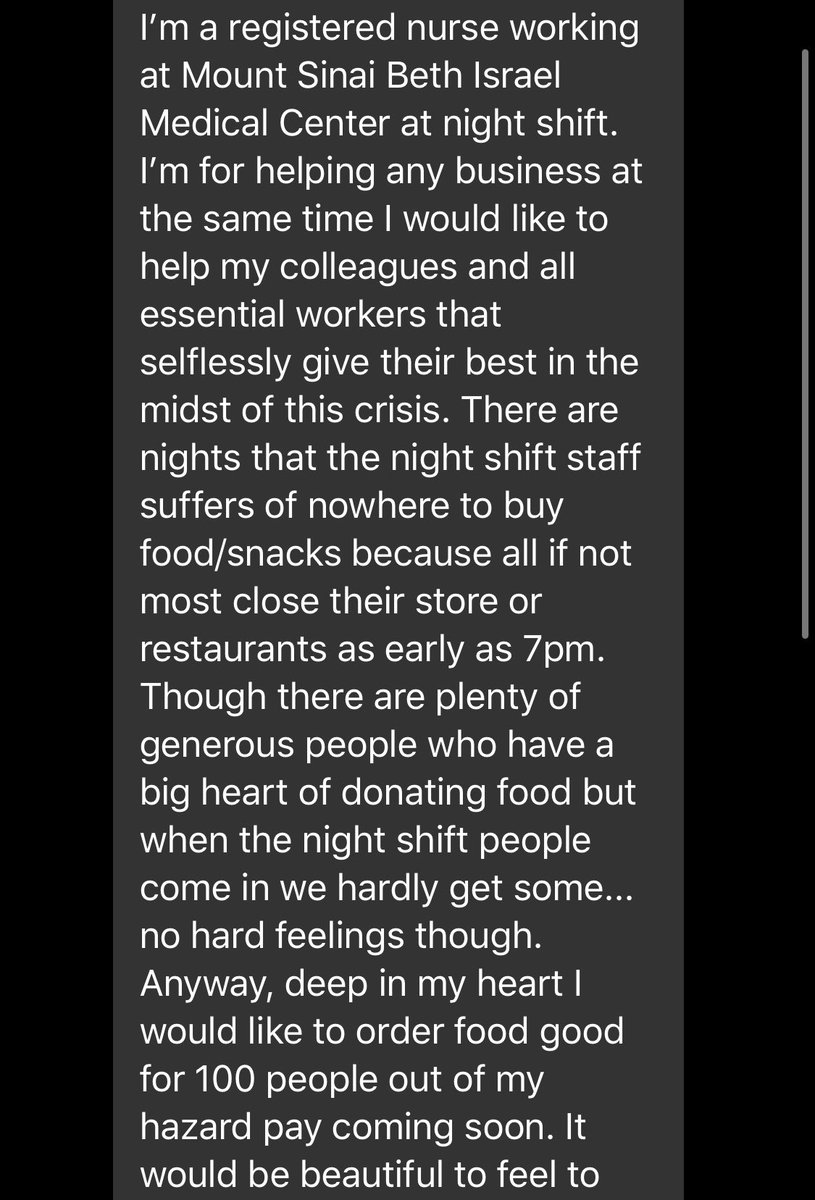 And tonight, I want to thank our essential workers and especially our hospital staff, nurses, doctors, and crew. I had gotten a fb message from a nurse, who asked me if I could help her figure out where and how to get food delivered to her coworkers and colleagues. 4/