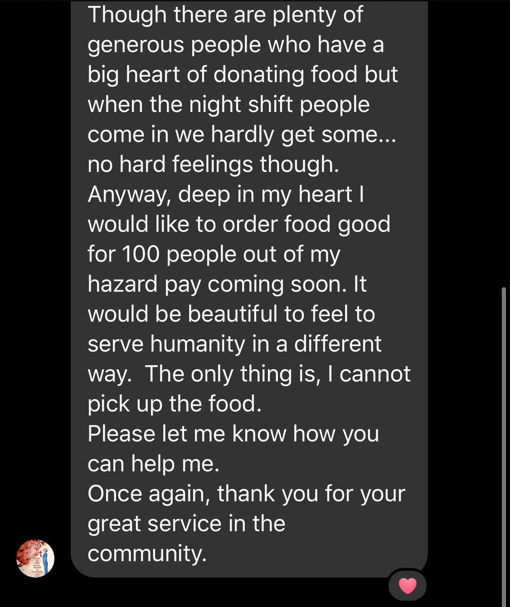 And tonight, I want to thank our essential workers and especially our hospital staff, nurses, doctors, and crew. I had gotten a fb message from a nurse, who asked me if I could help her figure out where and how to get food delivered to her coworkers and colleagues. 4/