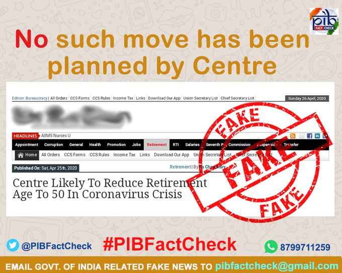 A stamp with the word Fake on a media report. The report claims that Centre is Likely To Reduce Retirement Age To 50 In Coronavirus Crisis