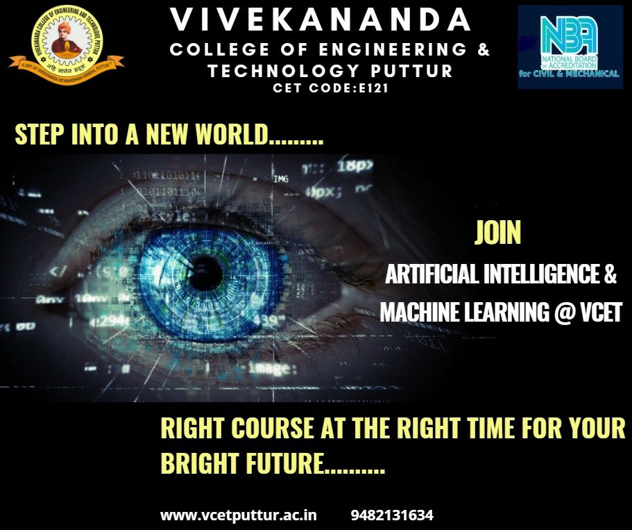 vcetputtur's tweet photo. Step into a New World....Join BE Course in AI &amp;ML @vcetputtur https://t.co/OCIg5UKcFQ