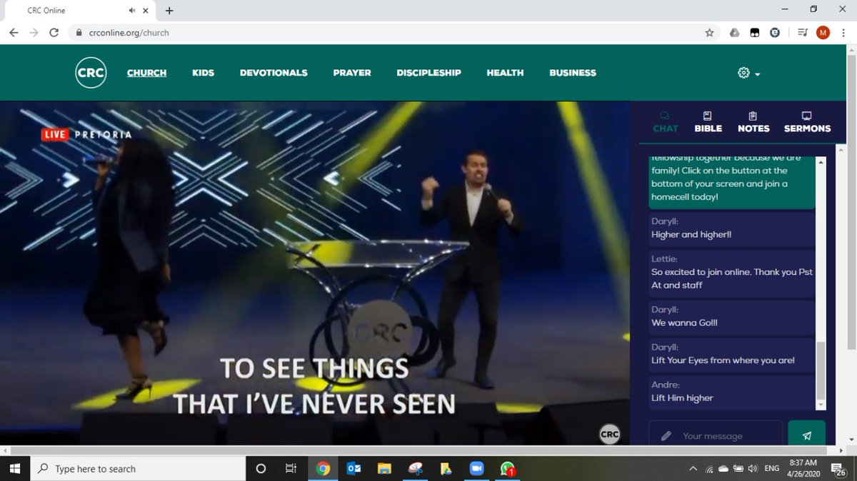 Whats an amazing experience the n our Online Church Platform. Had the opportunity to chat with family, bible scriptures at hand for referencing and the ability to take notes!! Wow! Thank you Pastor <a href="/AtBoshoff/">Adriaan Boshoff</a>  @CRCMain