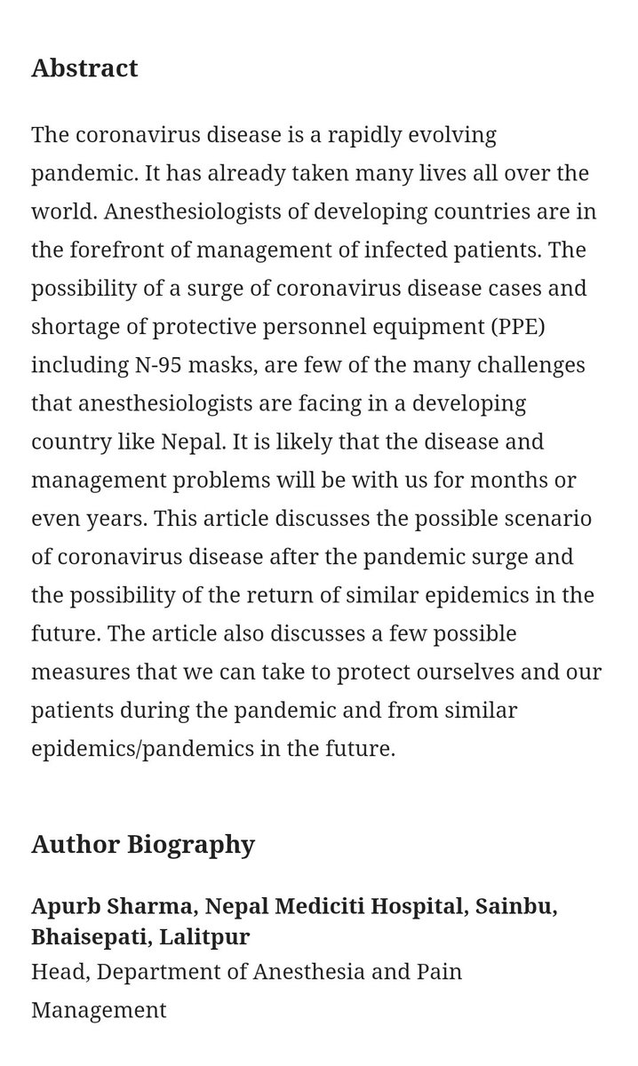 A very relevant article on #COVID 19 by our editor <a href="/ApurbSharma/">Apurb Sharma</a> on #Anesthesia #anesthesiologists #LMIC jsan.org.np/jsan/index.php…