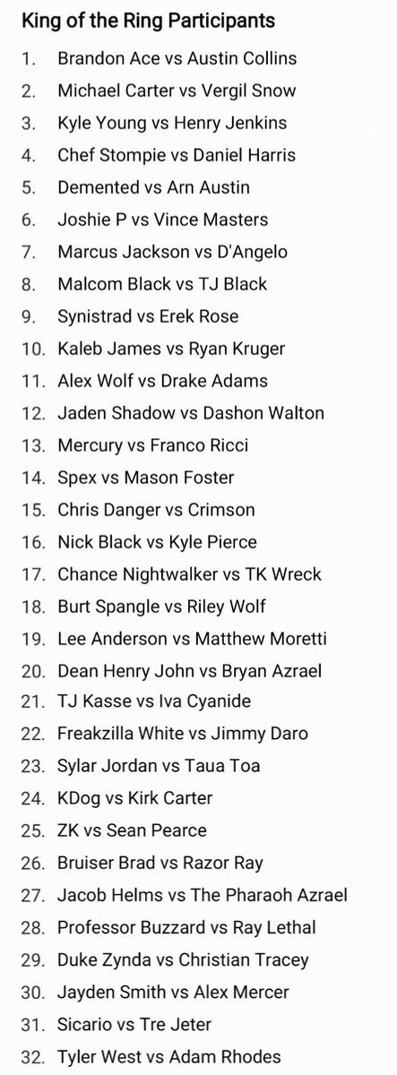 LanceRomance18's tweet photo. These are all the Round 1 matches for the King of the Ring Tournament!!!
Note: these matches will not be in order on the Brackets. https://t.co/R0bpfAkgn9