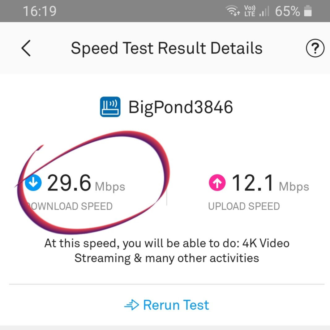malcolmcole's tweet photo. What you get when @Telstra charges you for 100MBPS. And won't answer any calls to help you. They're never slow sending the bill though. https://t.co/ZQmKaCLPsK