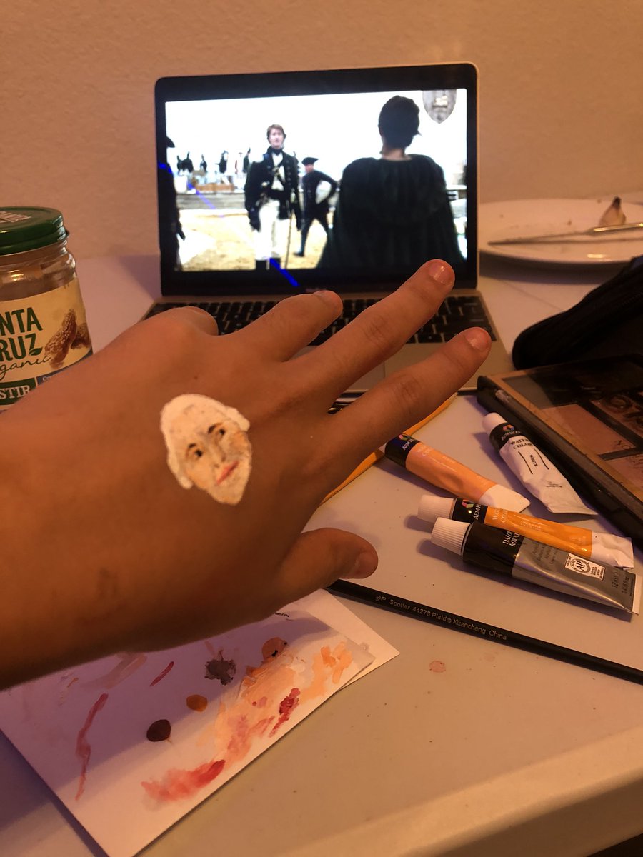 TeaganWright4's tweet photo. Edmund how did you get onto my hand?! @burngorman I hope you see this :) doodled this while watching Turn. ( peep the peanut butter) #hewlett #washingtonspies #burngorman #art https://t.co/YLUgDM3yY3