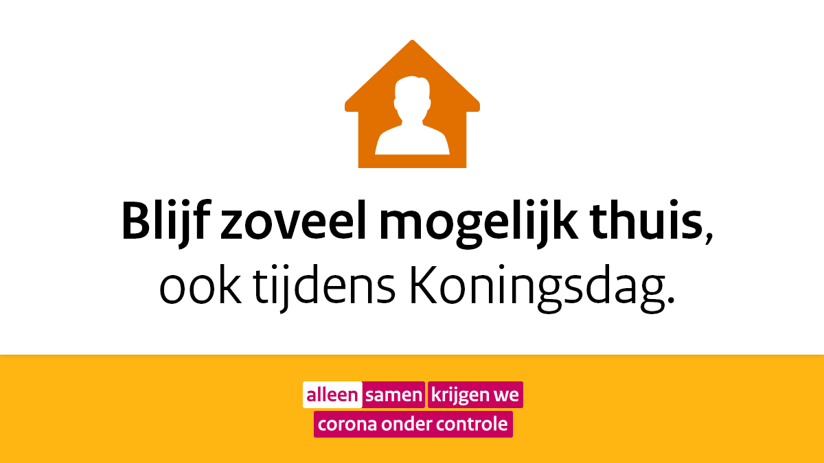 GemeenteEde's tweet photo. #BlijfThuis | Voor niemand leuk: geen georganiseerde activiteiten, evenementen én samenkomsten vanwege de #coronacrisis, ook niet tijdens Koningsdag. Daar vallen ook #rommelmarkten en kleedjes op openbaar en eigen terrein onder. Vier https://t.co/mYLTIgIQnh dit jaar. #alleensamen https://t.co/KEnjok4oYu
