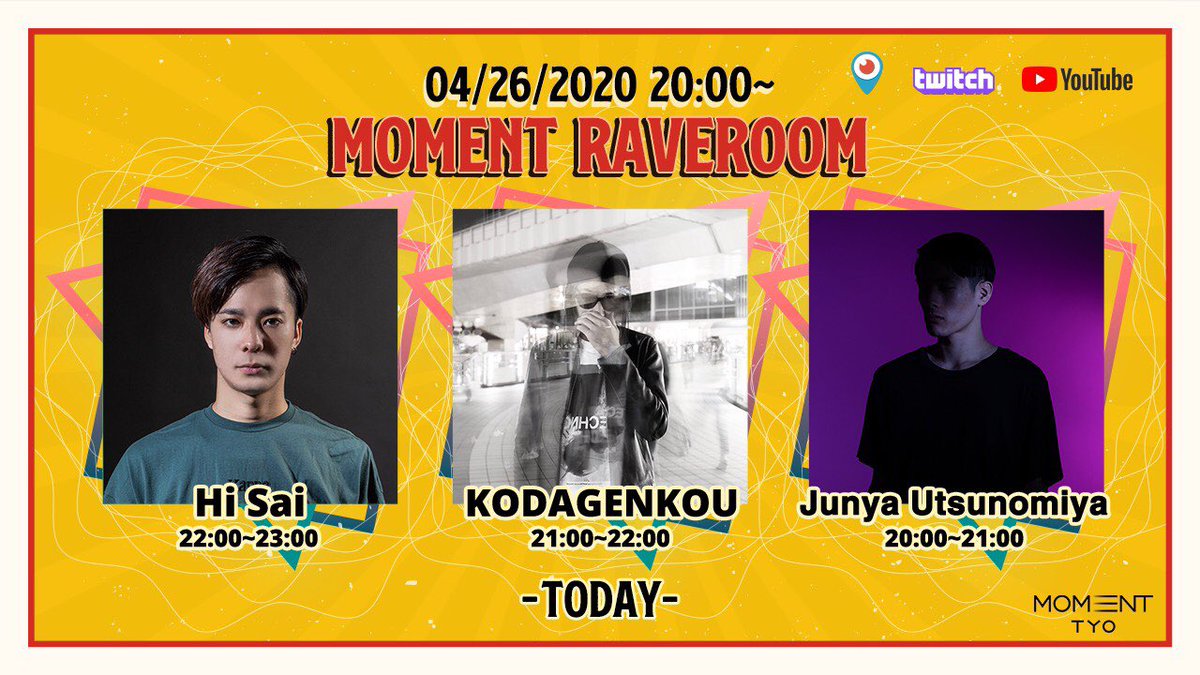 今夜のMOMENT RAVEROOMはKRASHからHi Saiが22:00〜DJ出演

その他豪華出演者も登場します！
 
20:00〜Junya Utsunomiya
@JunyaUtsunomiya 
21:00〜KODAGENKOU
@kodagenkou 

ご視聴は下記リンクから
【YouTube】
youtube.com/channel/UCu0_8…
【Twitch】
twitch.tv/momenttokyo

#momentraveroom #mrr