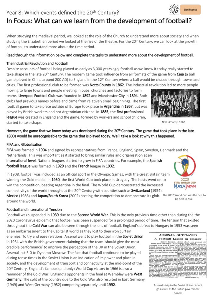 Football has played a pivotal part in the development of British society over the last 100 years. It brings generations together. Here’s an optional task for KS3 students to explain how and why. I’m hoping this brightens up home learning for some students!