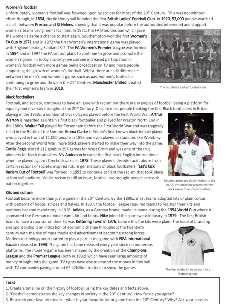 Football has played a pivotal part in the development of British society over the last 100 years. It brings generations together. Here’s an optional task for KS3 students to explain how and why. I’m hoping this brightens up home learning for some students!